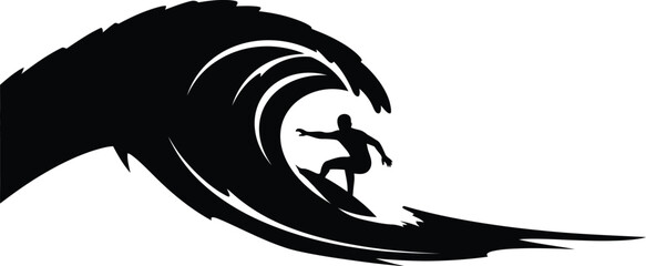 Silhouette of a surfer riding a wave, embodying thrill of surfing and power of ocean