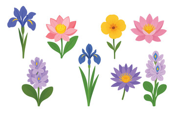 Tropical Exotic Flowers Edition #9—Water Hyacinth, Lotus, Water lily, Water poppy, and Iris. Vector Illustration. Design Element. Clip art. Suitable for artwork design. Editable for any design.