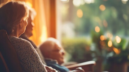 A caring moment of a family member sitting beside an elderly loved one, on blurred background