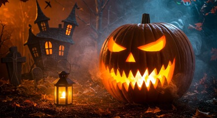 Haunted Front Yard Halloween with Giant Glowing Pumpkin, Tombstones, and Lantern Light
