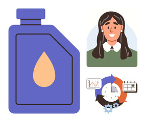 Purple bottle with droplet icon, smiling woman avatar, and circular infographic with graphs and calendar. Ideal for skincare, wellness, personal care, productivity, self-improvement, routine