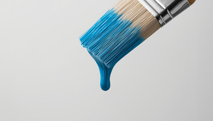 A paintbrush dripping vibrant blue paint against a clean white background, perfect for art and design concepts