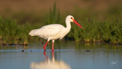 American White Ibis Foraging In Shallow Water