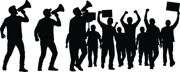 Silhouette of a group of people protesting with megaphones and signs, demanding change and raising awareness