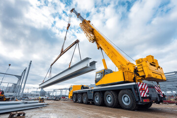 A crane lifting heavy steel beams at site