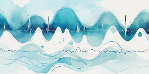 Abstract landscape with blue wavy design and snow-capped mountain peaks