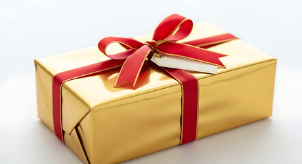 Obraz premium A gold wrapped gift with a red ribbon and bow sitting on a white surface under bright lighting