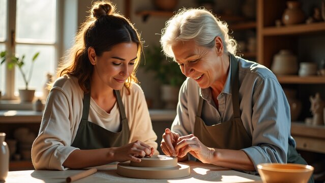 Grandmother And Granddaughter Making Pottery Together