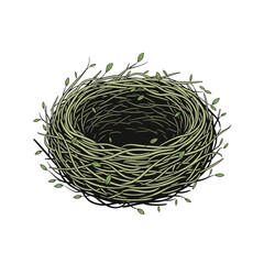 Hand-drawn bird nest illustration with fresh green leaves evoking nature, spring, and growth