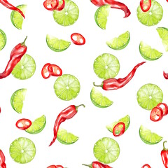 Hand-drawn illustration of a seamless pattern with vibrant red chili peppers and fresh lime slices scattered on a white background