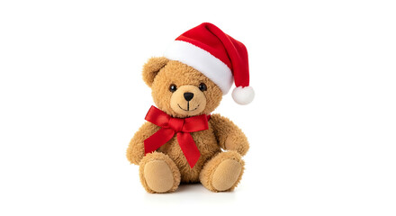 A teddy bear wearing a santa hat and a red bow tie sitting on a white background in a studio shot