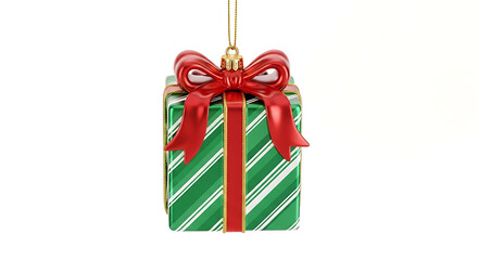 Ornamental christmas present with green and white stripes and a red bow hanging from a gold string