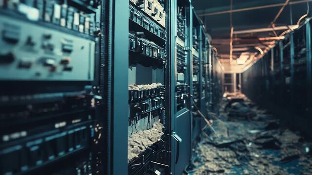Abandoned datacenter with damaged servers and wires showing data loss