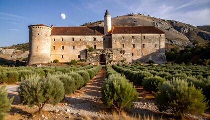Ancient castle amid olive groves at dawn