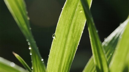 Obraz premium Close-Up of Fresh Spring Grass Leaves, Highlighting Delicate Details of Nature's Renewal and Growth