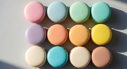 Obraz premium Colorful macarons in pastel shades arranged in rows on white surface