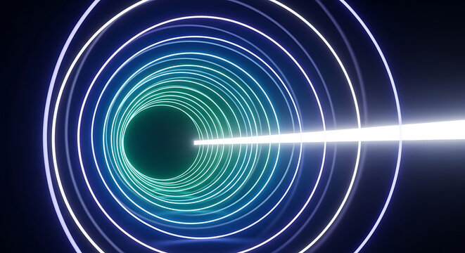 Abstract neon tunnel with glowing light beam moving through the circles - Powered by Adobe