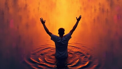 Fototapeta premium Man Standing In Water With Arms Raised