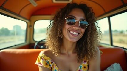 Woman Smiling inside Orange Van on Road