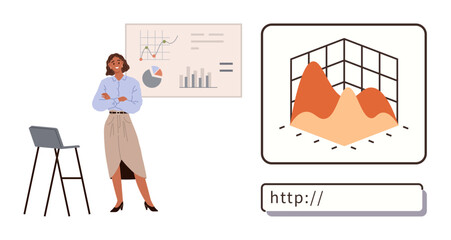 Confident woman standing near charts and graphs, viewing 3D data visualization on screen, highlighting online business analytics and performance tracking. Ideal for leadership, analysis, strategy