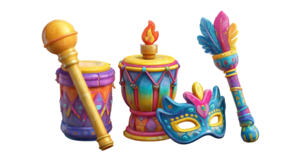 Festive carnival drums, wand and mask