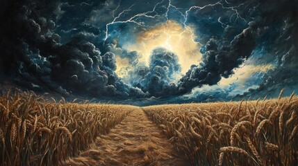 Stormy wheat field path