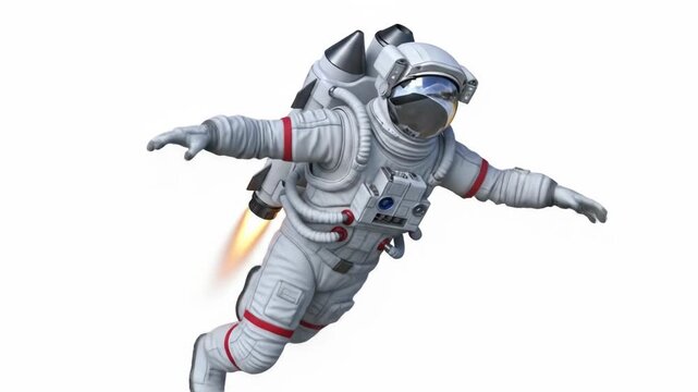 A white-suited astronaut with a jetpack, arms outstretched, propelled by a fiery exhaust, floats against a stark white backdrop