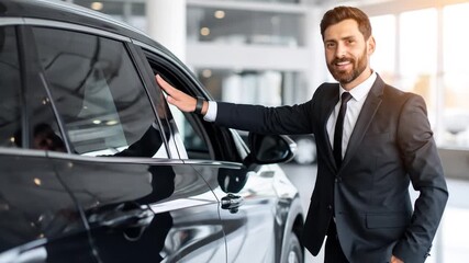 Confident Car Salesman Inspecting Luxury Vehicle in Showroom
