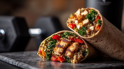 High-protein veggie wrap with grilled chicken and quinoa on marble, fitness meal prep, healthy gym food, vegan tofu option, golden hour lighting

