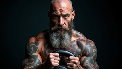 Muscular Tattooed Man Lifting Kettlebell