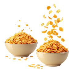 Two bowls of golden corn flakes cereal with some falling out isolated on transparent background