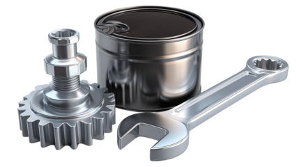 Gear, can, and wrench still life