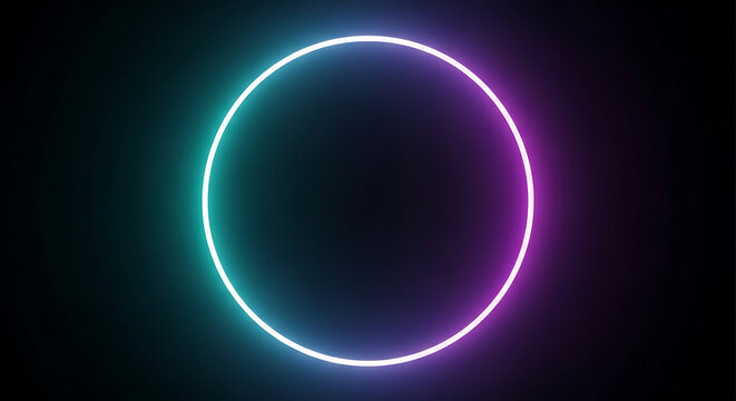 Glowing neon circle frame with blue and purple light on a black background