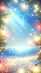 Naklejka premium Festive winter scene; sparkling lights & snow