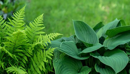 Lush greenery of ferns and broad leaves