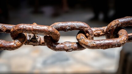 Fototapeta premium Close-up of rusty metal chain links showing corrosion and weathe with a blurred background emphasizing texture and detail