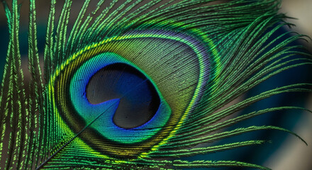 Close-up of a vibrant peacock feather with stunning iridescent colors and intricate patterns