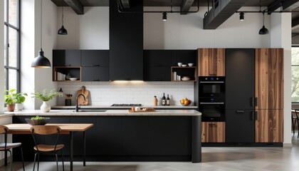 Modern kitchen with dark cabinetry and stylish wooden accents.