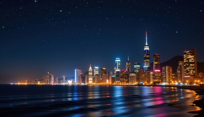 Obraz premium Vibrant city skyline reflecting on water at night.