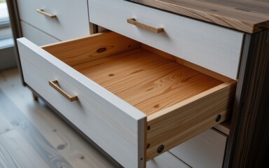 Open drawer showcasing wood grain and modern design elements.