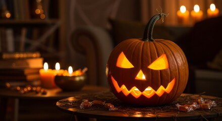 Fototapeta premium Cozy Halloween Living Room with Glowing Pumpkin and Candlelit Decor
