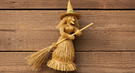 Rustic Straw Witch Decoration with Wheat Broom for Halloween and Autumn Harvest Home Decor