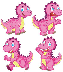 Cute Pink Cartoon Dinosaur in Four Expressive Poses