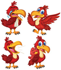 Cartoon Red Bird Expressing Emotions in Four Poses
