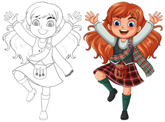 Happy Redheaded Girl in Traditional Scottish Dress Jumping
