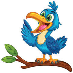 Cheerful Blue Cartoon Bird Perched on Branch