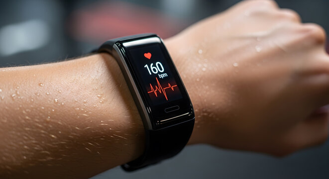 Close-up of a sweaty arm wearing a fitness tracker displaying a high heart rate