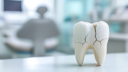 A close-up of a damaged tooth with cracks,  on blurred background