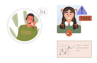 Customer support agent with headset, deepfake identity alert system, analytics chart. Ideal for AI, fraud detection, customer service, technology, communication security data analysis. Simple flat