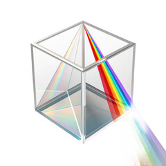 Light dispersion through a prism inside a cube creating rainbow effect on transparent background